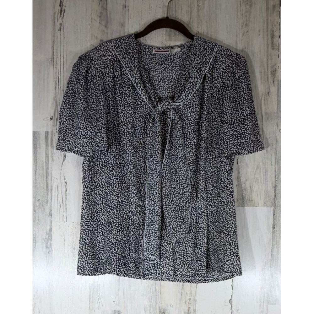 Judy Bond Button Up Blouse Size 16 Black White Vintage Floral Tie Neck Secretary